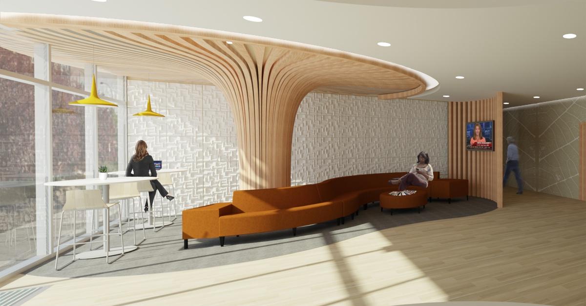 Rendering of a waiting area with a mounted tv, curing orange sofa 和 two cafeteria tables. 